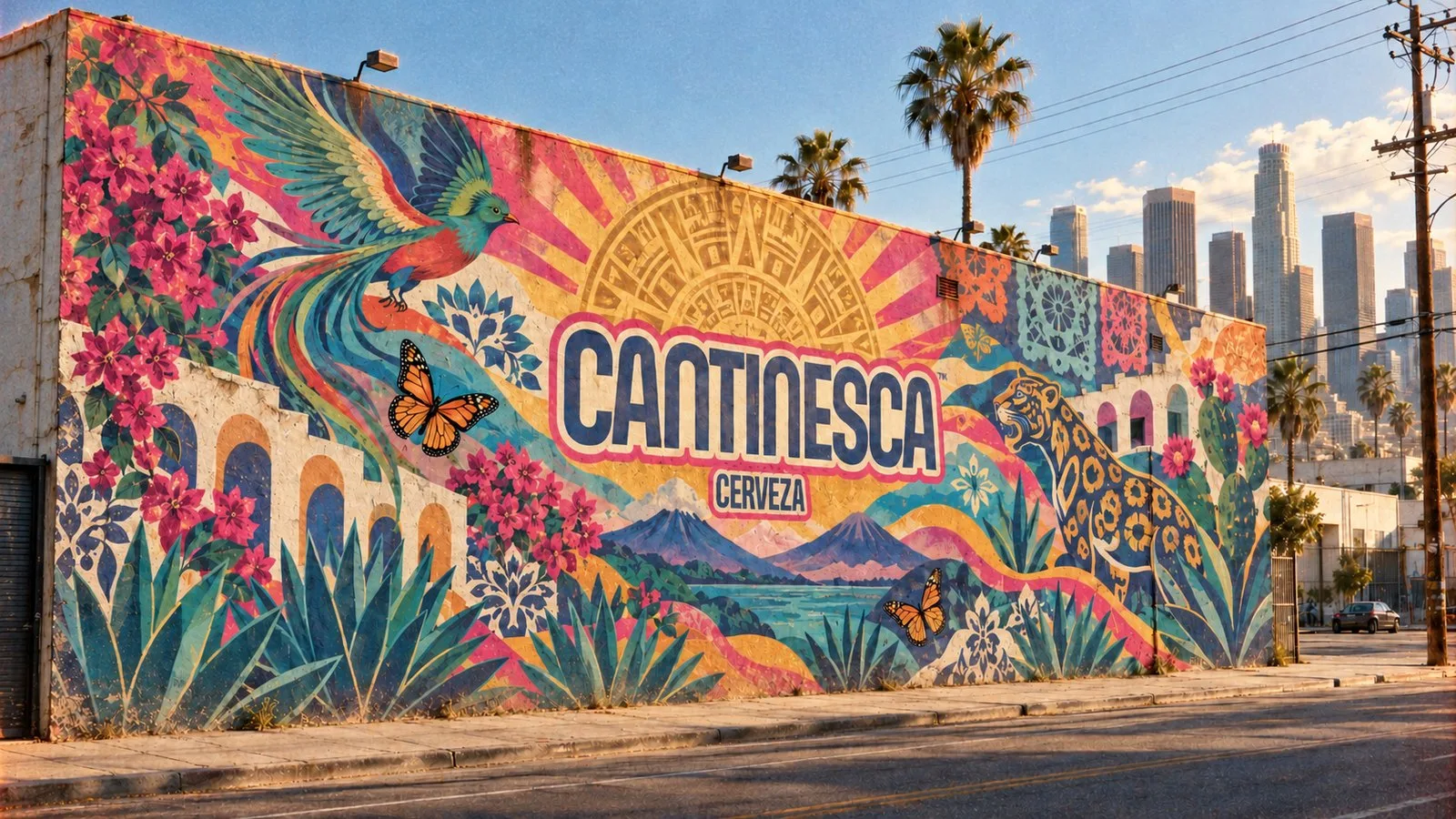 Colorful Cantinesca mural with the Los Angeles skyline