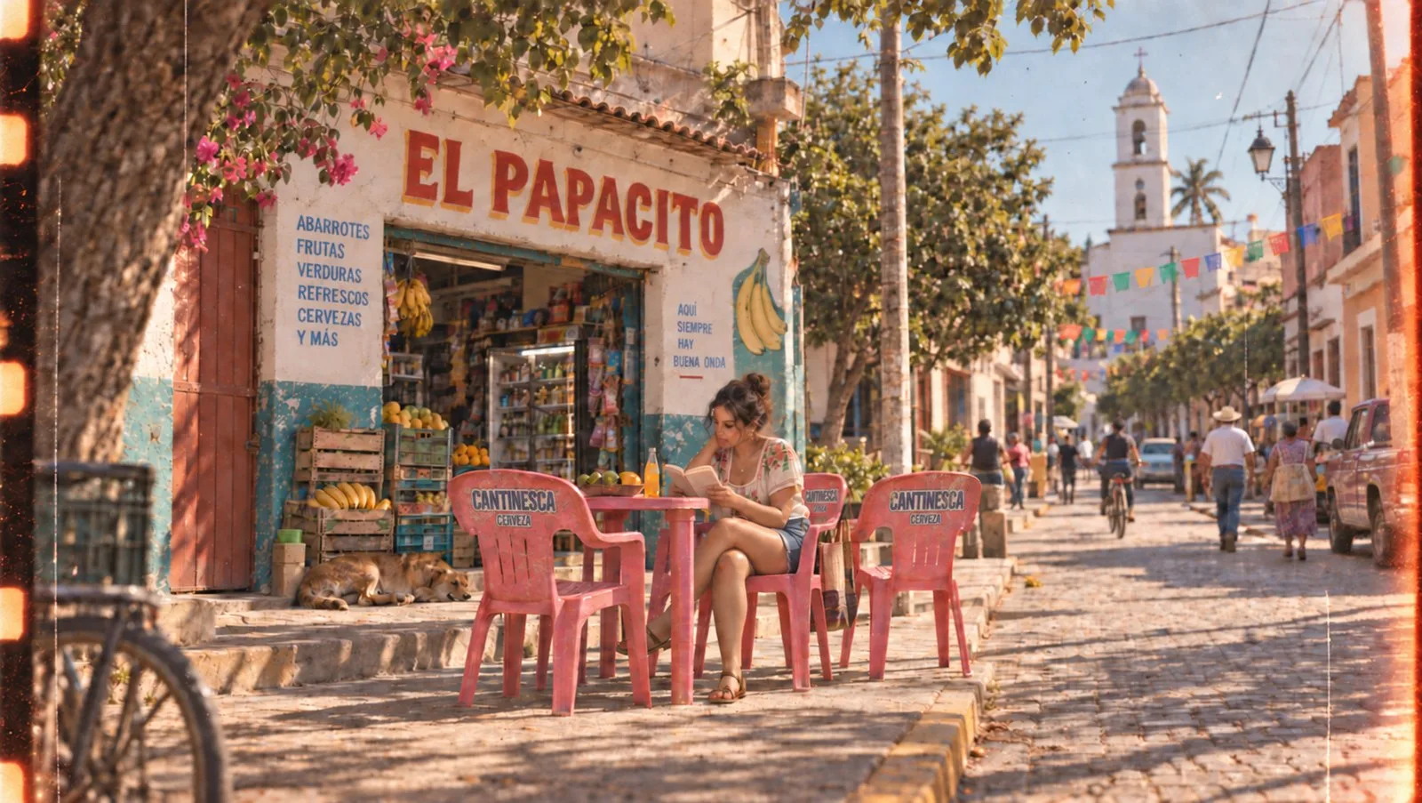 Sunny street caf&eacute; with pink chairs